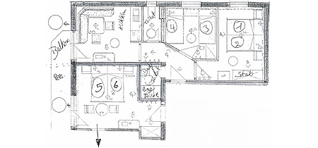 Grundriss vom Appartement - 2 Schlafzimmer, Küche, DU/WC (getrennt), Balkon, SAT-TV. Die Appartements sind mit genügend Geschirr, Bettwäsche Handtücher, sowie Kaffeemaschine, Wasserkocher, Gschirrspülmaschine und Backrohr eingerichtet